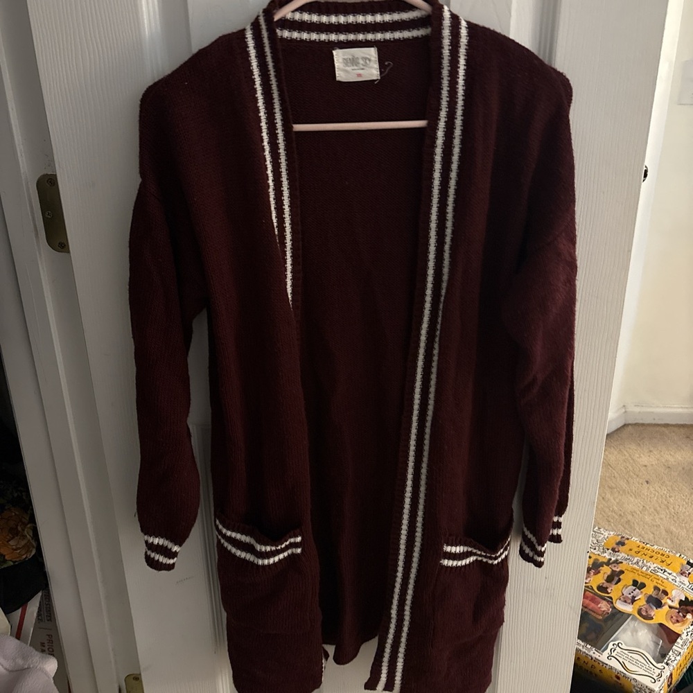 Sienna Sky Maroon Open-Front Cardigan with White Stripe Trim